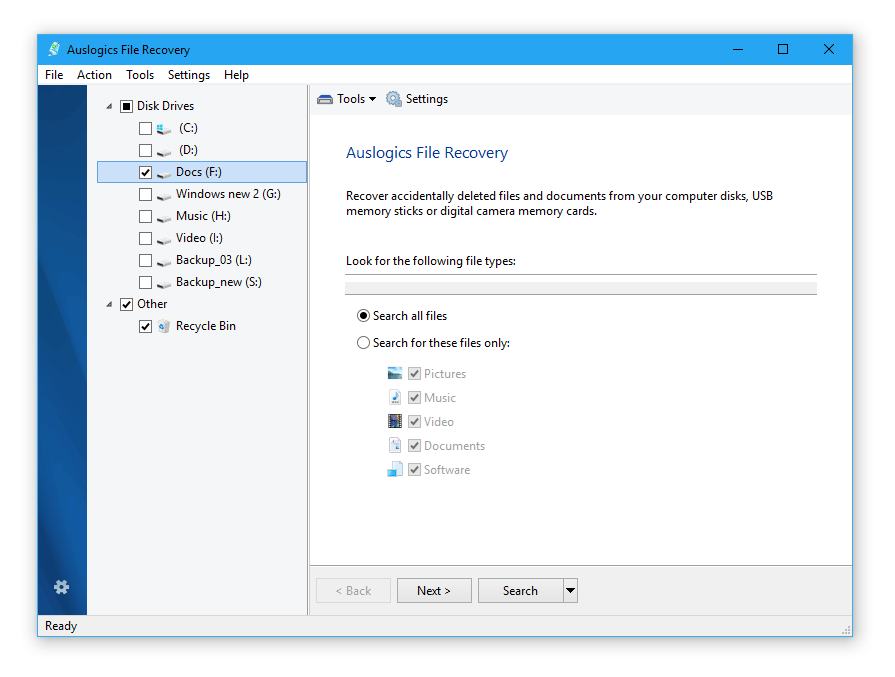 Recuperación de archivos después de formatear en el programa Auslogics File Recovery